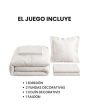 The Juego de Edredón Bordado Fidanza by Intima Hogar is shown in white, including an edredón, two fundas decorativas, one decorative cushion, and a faldón para cama. Spanish text above details the contents of the set.