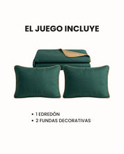 The Intima Hogar Juego de Edredón Ligero Honor is a bedding set with a folded green and beige edredón doble vista con capitonado sin hilos and two matching pillow shams with beige edges. Text in Spanish lists included items.