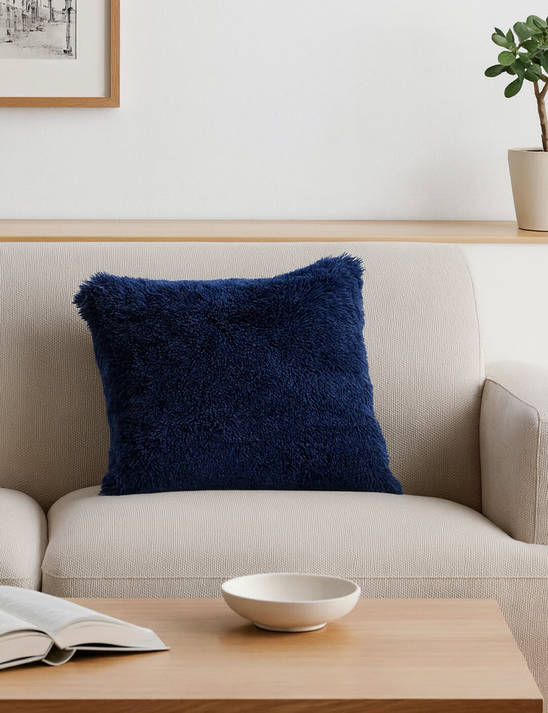 El Juego de Cojines de Lujo Denver de Intima Hogar en azul marino decora un sofá beige claro en una sala moderna, acompañado de mesa de centro de madera, libro abierto, tazón blanco, cuadro en la pared y planta en una repisa.