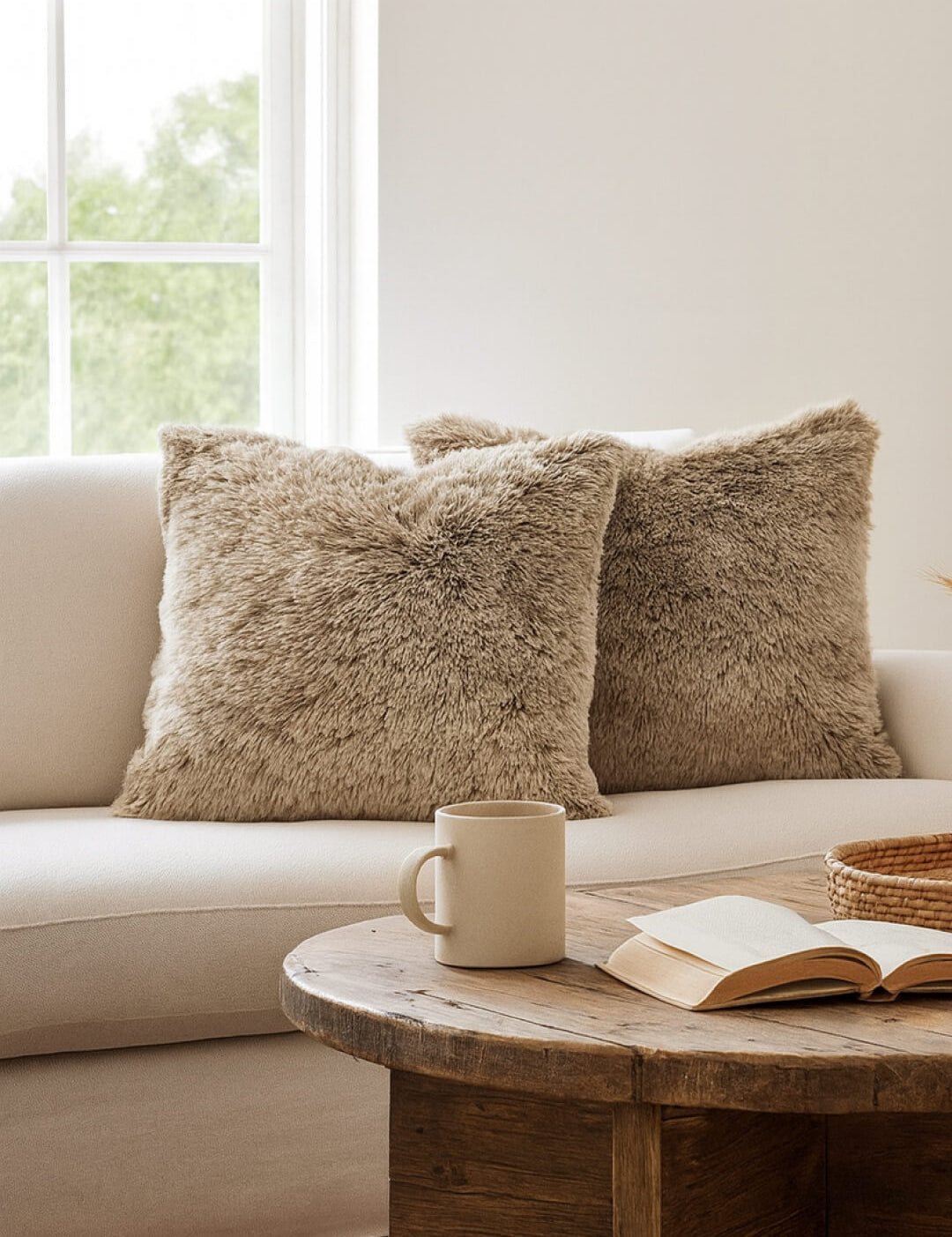 Dos cojines del Juego de Cojines de Lujo Glacial de Intima Hogar en tono beige decoran un sofá claro junto a la ventana, mientras una mesa de centro sostiene un libro abierto, una taza beige y una bandeja tejida para un ambiente acogedor.