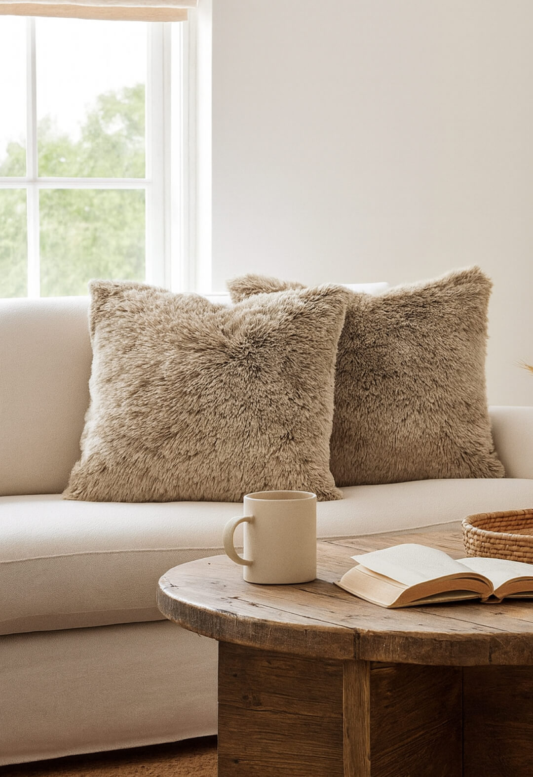 Dos cojines del Juego de Cojines de Lujo Glacial de Intima Hogar en tono beige decoran un sofá claro junto a la ventana, mientras una mesa de centro sostiene un libro abierto, una taza beige y una bandeja tejida para un ambiente acogedor.