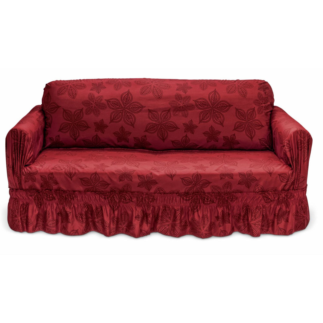 The Protector de Sala Amapola Sofá de Intima Hogar, con estampado floral y faldón con volantes, cubre este sofá rojo de reposabrazos redondeados y respaldo acolchado.