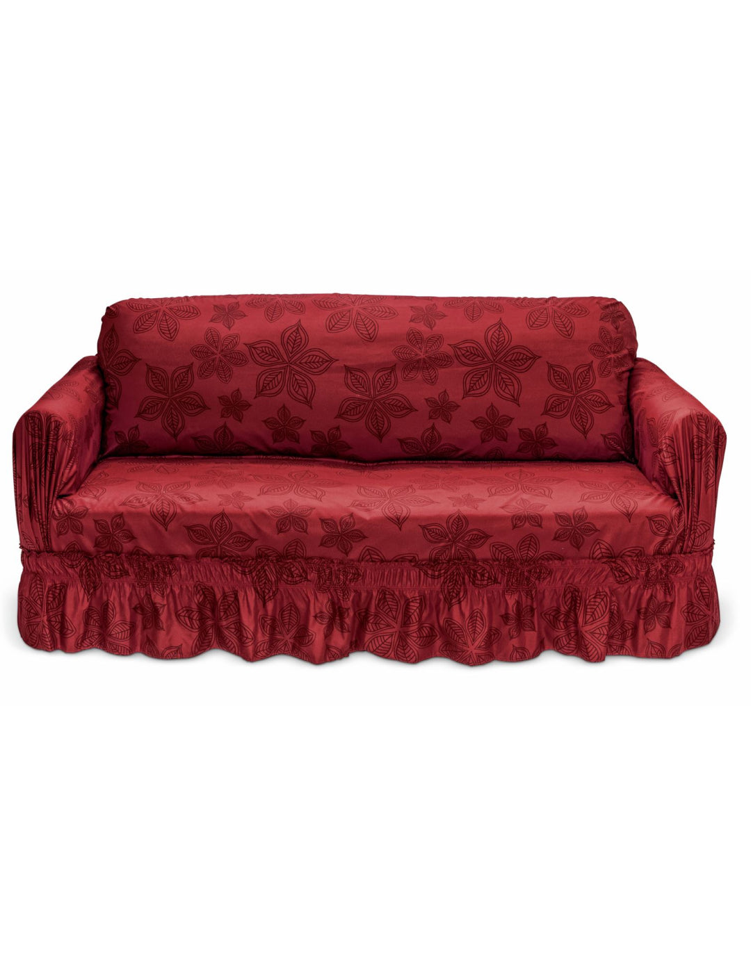 The Protector de Sala Amapola Sofá de Intima Hogar, con estampado floral y faldón con volantes, cubre este sofá rojo de reposabrazos redondeados y respaldo acolchado.