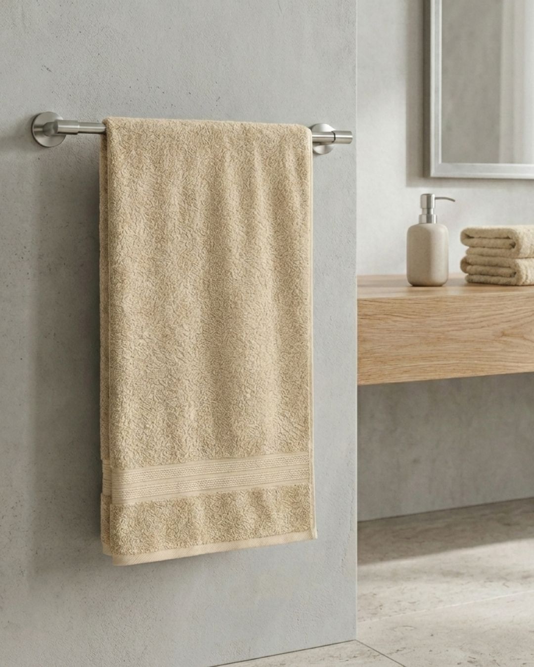 La Toalla de Baño Americana Beige de Intima Hogar cuelga ordenada en un toallero plateado sobre una pared gris claro, mientras en la encimera de madera descansan dispensador y toallas a juego junto al espejo, añadiendo confort y estilo.