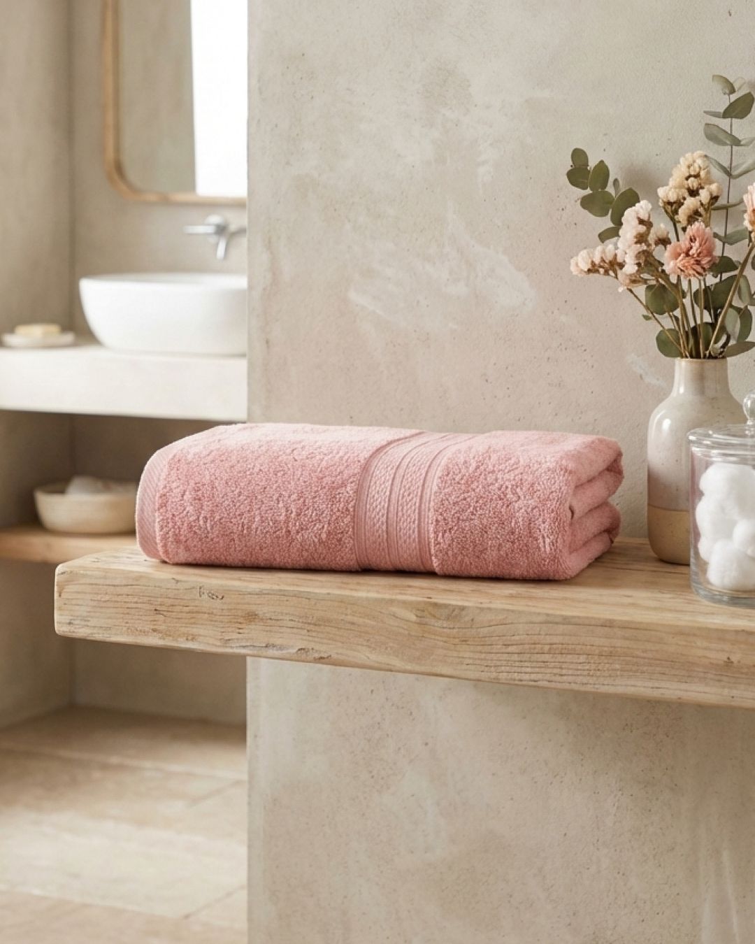 A folded Toalla de Baño Americana Rosa by Intima Hogar rests on a wooden bathroom shelf beside a glass jar of cotton balls and a vase with dried flowers, with a sink and mirror in the background.