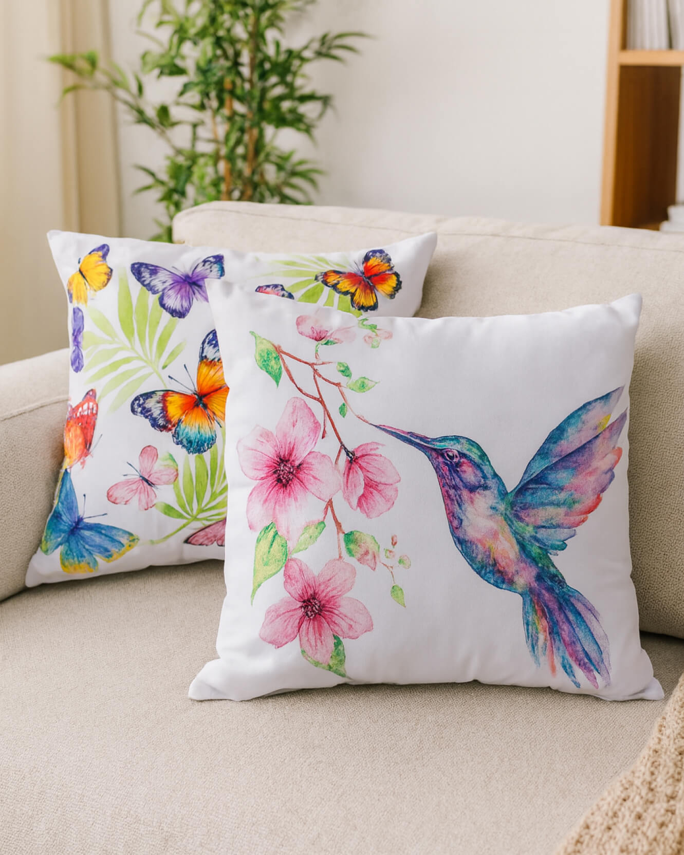 Two decorative pillows on a beige sofa: one is the Cojin Mariposa by Intima Hogar with colorful butterflies and leaves, the other features a vibrant hummingbird and pink flowers. Both are watercolor style, made from microfibra with synthetic fiber filling.