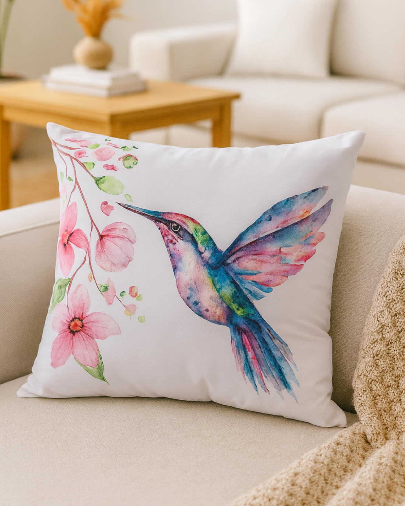 The Cojin Mariposa by Intima Hogar is a white throw pillow with a vibrant watercolor hummingbird and pink flowers, filled with suave fibra sintética, displayed on a beige sofa in a bright, cozy living room.