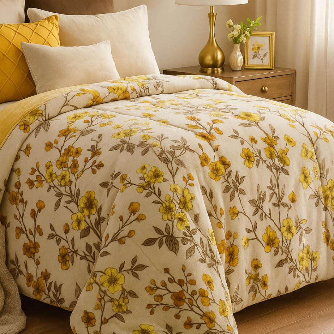 A cozy bedroom showcases the Cobertor Flannel Extra Suave Colombia by Intima Hogar, with floral cream and yellow design, matching pillows, wooden nightstand with lamp, flowers, and a framed picture, all in gentle natural light for lasting warmth.