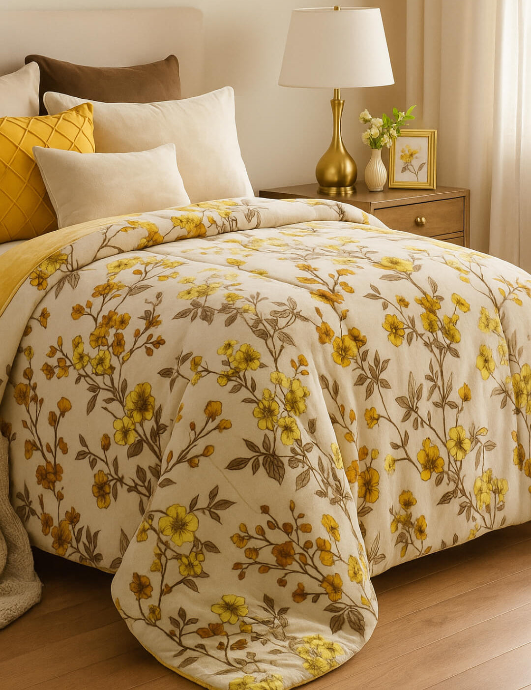 A cozy bedroom showcases the Cobertor Flannel Extra Suave Colombia by Intima Hogar, with floral cream and yellow design, matching pillows, wooden nightstand with lamp, flowers, and a framed picture, all in gentle natural light for lasting warmth.