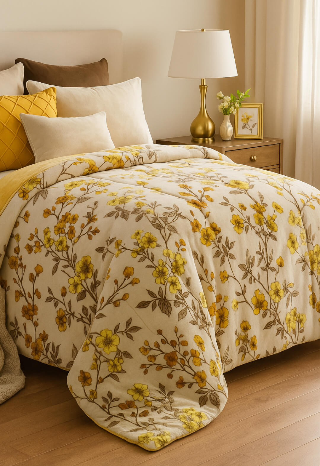 A cozy bedroom showcases the Cobertor Flannel Extra Suave Colombia by Intima Hogar, with floral cream and yellow design, matching pillows, wooden nightstand with lamp, flowers, and a framed picture, all in gentle natural light for lasting warmth.