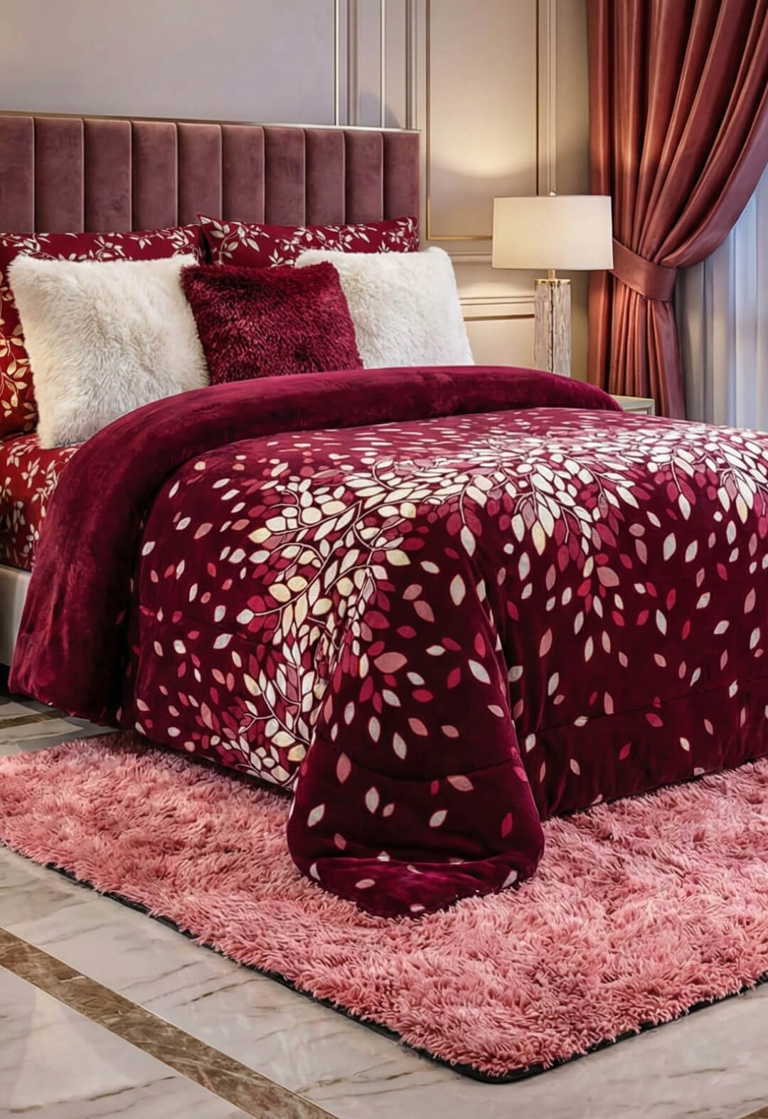A luxurious bedroom features the Intima Hogar Cobertor Flannel Extra Suave Tinto with matching pillows, a tufted headboard, white furry accents, a pink shaggy rug, bedside lamp, and floor-length curtains.