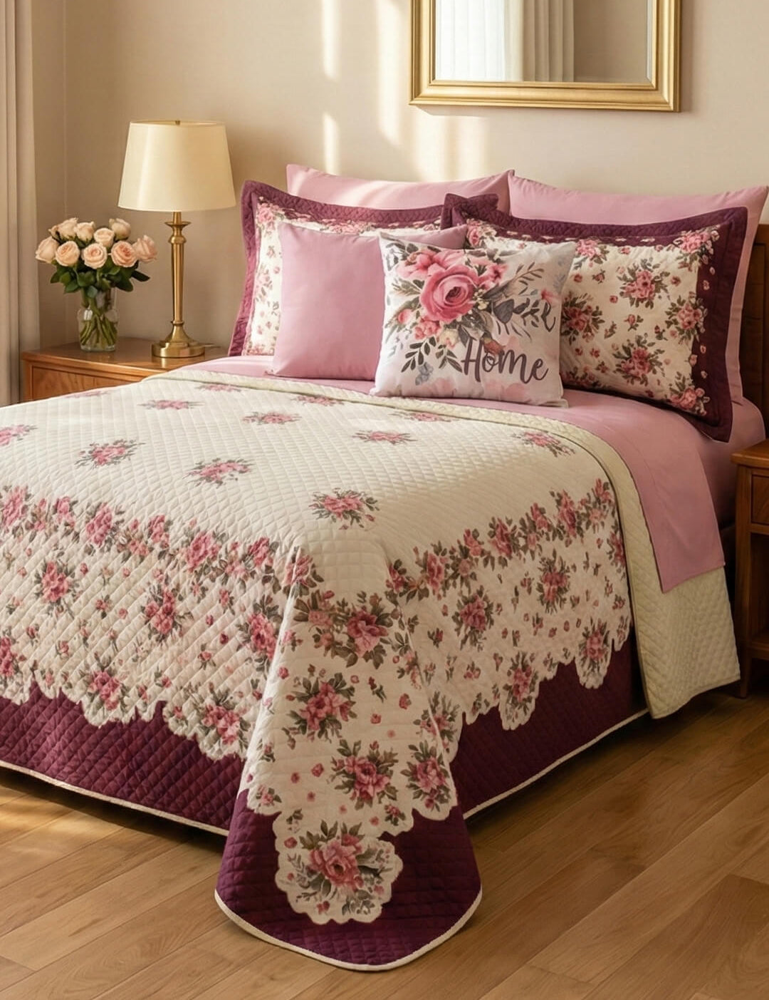 A cozy bedroom features the Coordinado de Colcha Hotelera Yoseline by Intima Hogar, with pink and purple decorative pillows—including a floral "Home" pillow—plus a lamp, flowers, and a framed mirror.