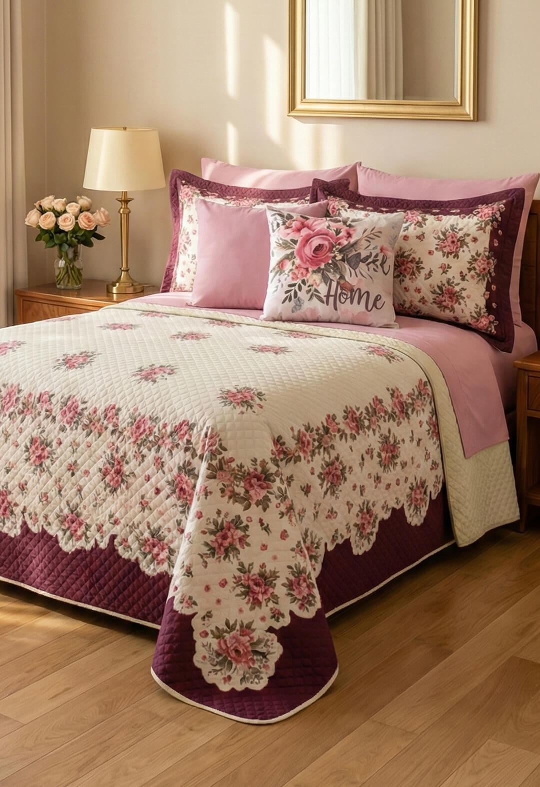 A cozy bedroom features the Coordinado de Colcha Hotelera Yoseline by Intima Hogar, with pink and purple decorative pillows—including a floral "Home" pillow—plus a lamp, flowers, and a framed mirror.