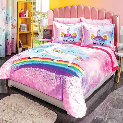 Juego de ropa de cama de unicornio tamaño matrimonial, funda de edredón  rosa para niñas, 1 funda de edredón con cremallera, 2 fundas de almohada  para